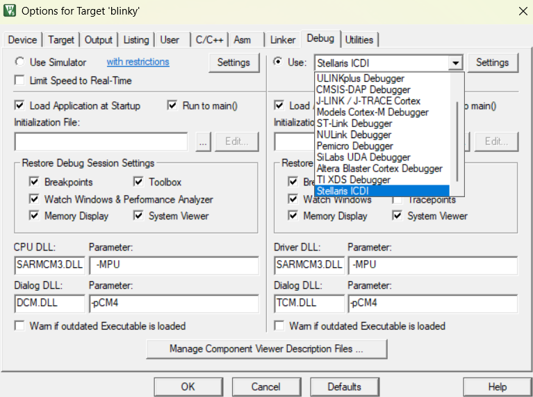 Keil's Debug tab
