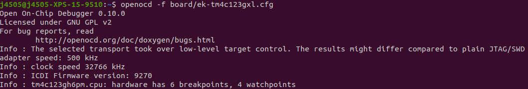 Ubuntu terminal showing the successful OpenOCD connection
