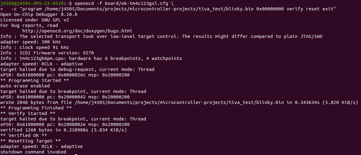 Ubuntu terminal showing the successful OpenOCD flashed blinky example